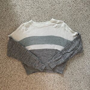 Garage White, Gray, and Blue Crew Neck Sweater with Ribbed Texture
